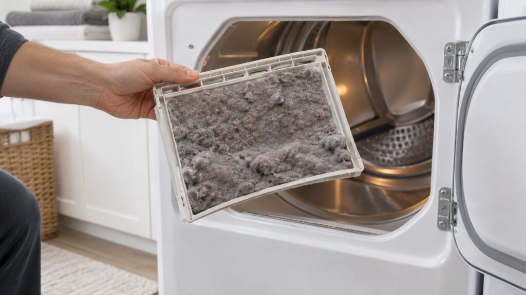 A hand holding a lint filter thickly covered in gray lint above an open dryer door