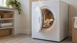 A clothes dryer with its door slightly open and a soft haze of warm air above the top edge of the door